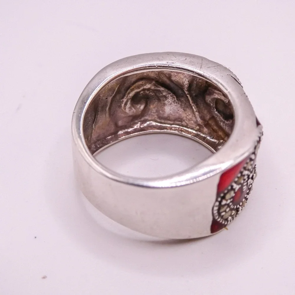 Sterling Silver 925 Red Guilloche Enamel Marcasite Scrolled Ring Sz 7 Vintage